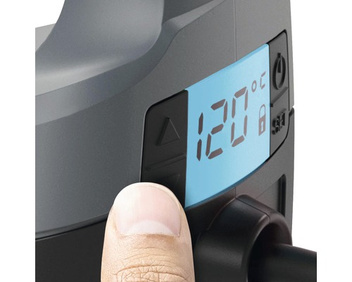 Detailaufnahme eines Geräts mit digitaler Temperaturanzeige von 120 Grad Celsius.