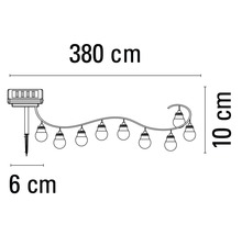Technische Zeichnung einer Lichterkette mit den Maßen 380 cm Länge, 10 cm Höhe und 6 cm für den Erdspieß.