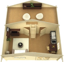 Grundriss eines Holzhauses mit zwei Etagen, Möbeln und Treppe