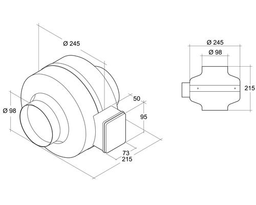 Technische Zeichnung eines Rohrventilators mit den Maßen 245 mm Durchmesser und 98 mm Durchmesser