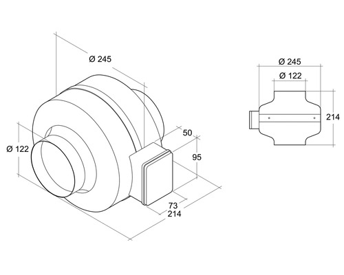 Schéma technique d''un ventilateur tubulaire avec indications de dimensions