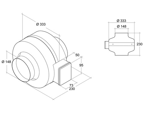 Schéma technique d''un ventilateur de gaine avec indications de dimensions