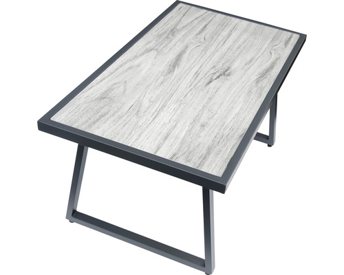 Table de jardin rectangulaire avec aspect bois et structure métallique