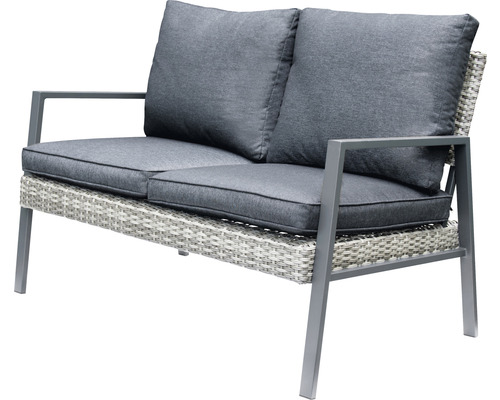 Canapé de jardin deux places en rotin avec coussins d''assise gris