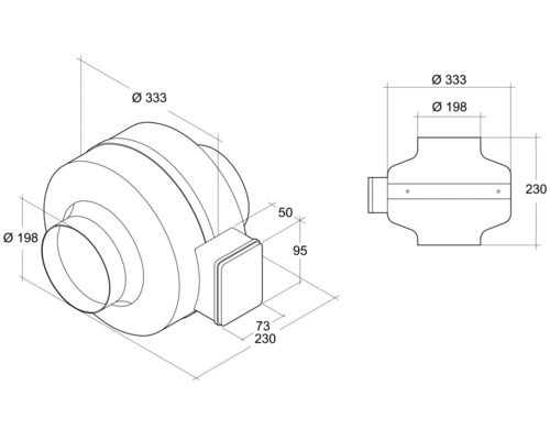 Dessin technique d''un ventilateur tubulaire avec les dimensions diamètre 333 mm et diamètre 198 mm