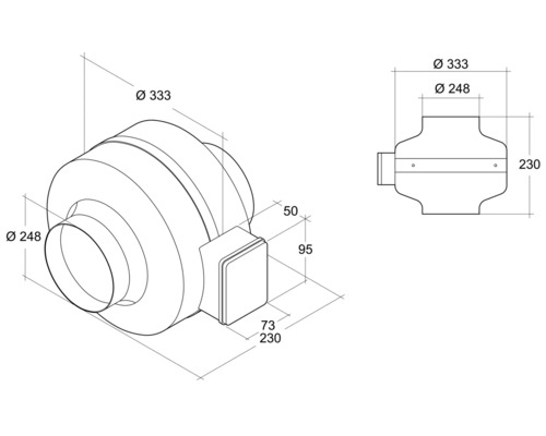 Schéma technique d''un ventilateur tubulaire avec dimensions