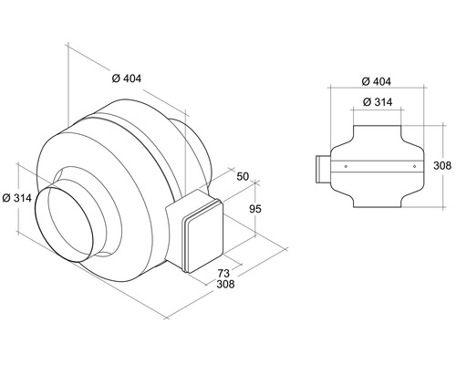 Schéma technique d''un ventilateur tubulaire avec indications de dimensions