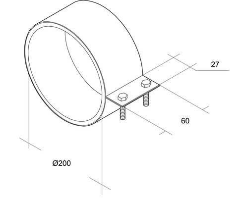Rohrschelle mit den Maßen 200, 27 und 60 Millimeter.