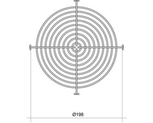 Dessin technique d''une grille de ventilateur ronde d''un diamètre de 198 millimètres.