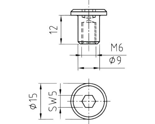Dessin technique d''une vis avec les dimensions suivantes : diamètre 15 millimètres, largeur de clé 5, longueur de filetage 12 millimètres, filetage M6 et diamètre 9 millimètres.