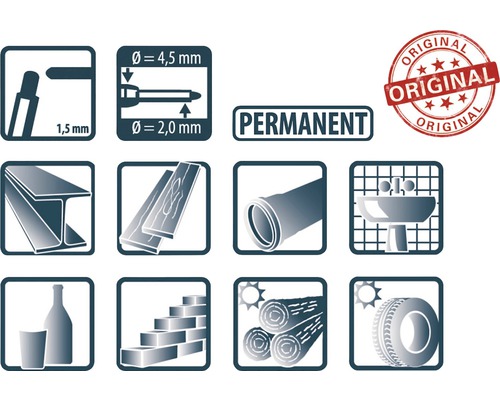 Collection de symboles : éléments en acier, bois, marqueur, etc.