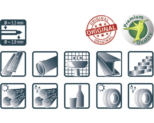 Symbole pour diamètre de perçage, sceau d''origine, sceau de qualité supérieure, bois, tuyau, lavabo, poutre en acier, mur, fagot de bois, bouteille avec verre, pneu