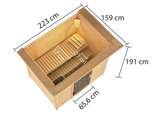 Blockbohlensauna Karibu Selena ohne Ofen mit Dachkranz und bronzierter Ganzglastüre