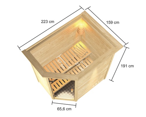 Blockbohlensauna Karibu Jella ohne Ofen mit Dachkranz und bronzierter Ganzglastüre