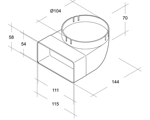 Dessin technique d''un coude pour tuyaux de ventilation avec indications de dimension