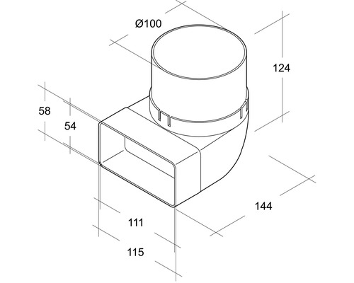 Dessin technique d''un coude d''extraction d''air avec indications de mesure