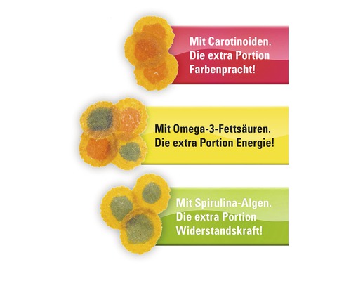 Close-up vu Fëschfudder mat Karotinoiden, Omega-3-Fettsäuren a Spirulina-Algen