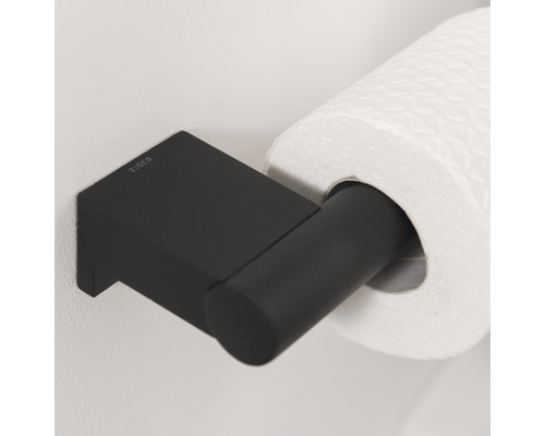 Schwarzer Toilettenpapierhalter mit Papierrolle und Tiger Logo