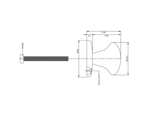 Technische Zeichnung eines Möbelknopfs mit Schraube und Maßangaben.