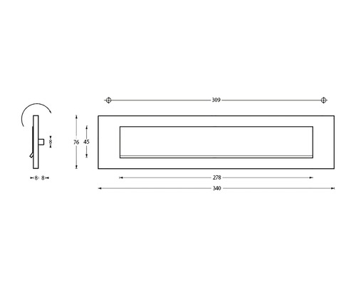 Technische Zeichnung eines Briefkastenschlitzes mit Maßangaben