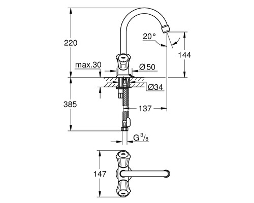 Dessin technique d''un robinet de cuisine avec dimensions.