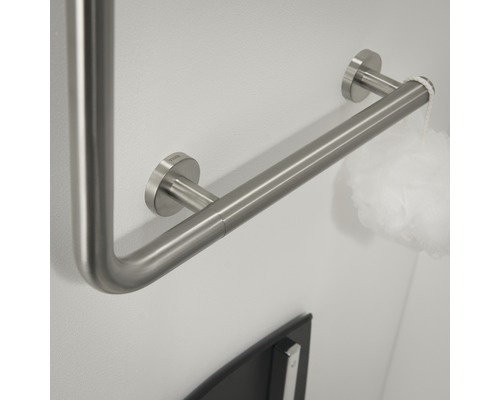 Barre d''appui en acier inoxydable pour salle de bain avec éponge de bain.