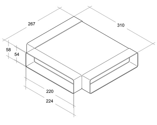 Dessin technique d''un té de conduit de ventilation rectangulaire avec indications de dimensions.