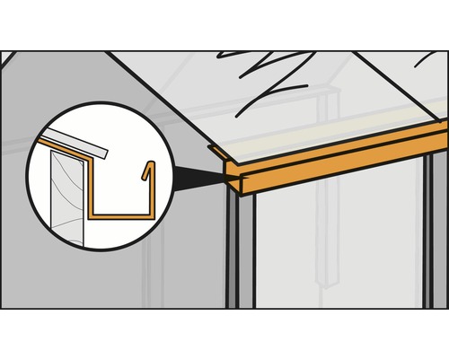 Illustration eines Gewächshauses mit Detailansicht einer Dachrinne