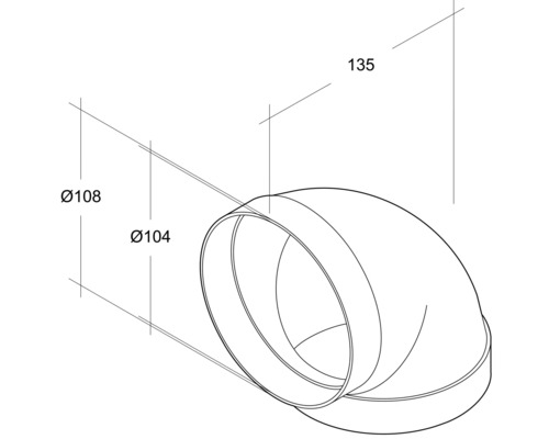 Illustration d''un coude de tuyau avec les dimensions 108 mm, 104 mm et 135 mm