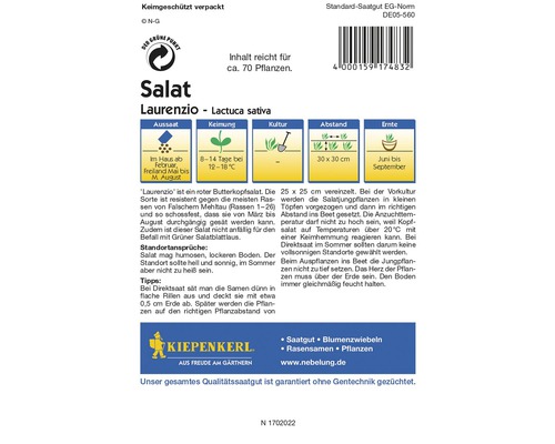 Salatsamen der Sorte Laurenzio, Lactuca sativa, mit Informationen zu Aussaat, Keimung, Kultur, Abstand und Ernte