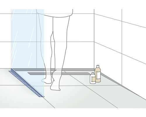Badezimmer mit Duschrinne und Glasabtrennung
