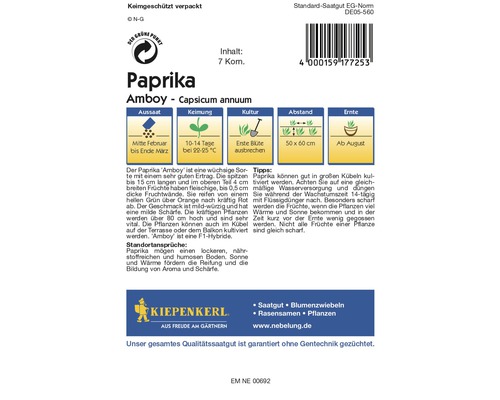 Paprika Amboy Saatgutpackung mit Informationen zu Aussaat, Keimung, Kultur, Abstand und Ernte