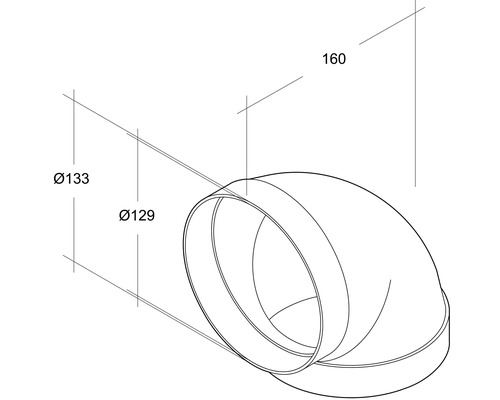 Illustration d''un coude à 90 degrés avec des dimensions de 129 millimètres, 133 millimètres et 160 millimètres