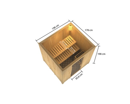 Innenansicht einer Sauna mit Bänken und Maßen