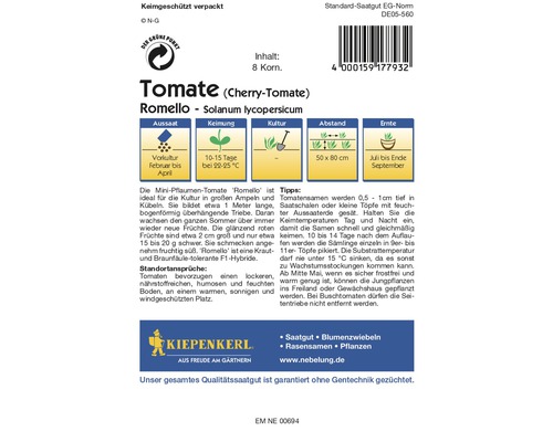 Verpackung Tomatensamen der Sorte Romello