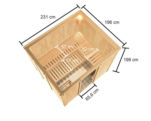 Illustration d''un sauna en bois avec indications de longueur et de largeur
