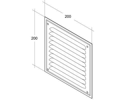 Grille de ventilation carrée avec lamelles et dimensions de 200 sur 200 millimètres.