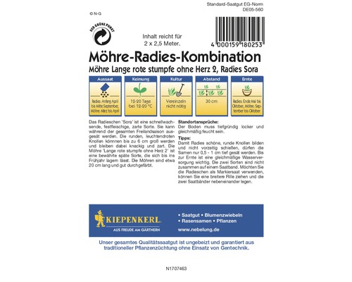 Paquet de graines combinaison carotte-radis avec des informations sur le semis, la germination, la culture et la récolte