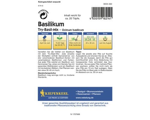 Basilic Try-Basil-Mix paquet de semences avec des informations sur le semis, la germination, la culture, l''espacement et la récolte