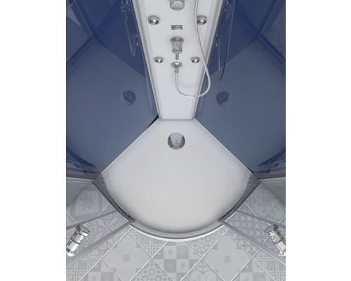 Vue intérieure d''une cabine de douche avec pomme de douche, flexible de douche et robinetterie