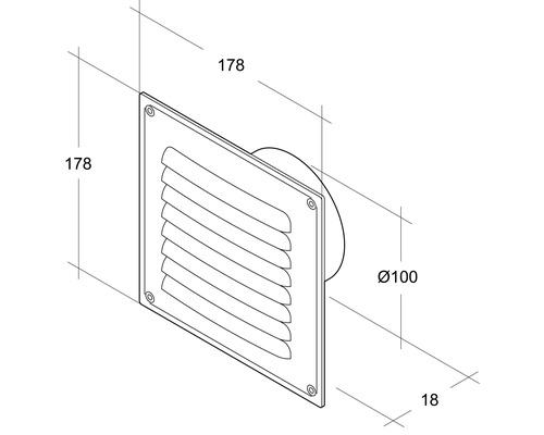 Grille d''aération avec des dimensions de 178 x 178 millimètres et un diamètre de 100 millimètres