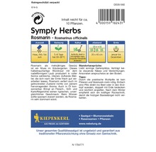 Symply Herbs Rosmarin Saatgutpackung mit Informationen zu Aussaat, Keimung, Kultivierung, Abstand und Erntezeit.