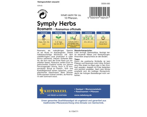 Symply Herbs Romarin Sachet de graines avec des informations sur le semis, la germination, la culture, l''espacement et la période de récolte.