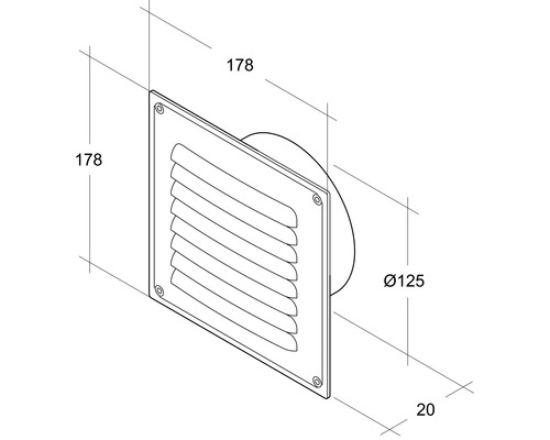 Dessin technique d''une grille d''extraction d''air mesurant 178 x 178 millimètres avec un diamètre de 125 millimètres.