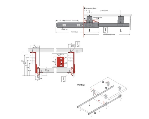 Technische Zeichnung eines Schubladenauszugs mit Maßangaben