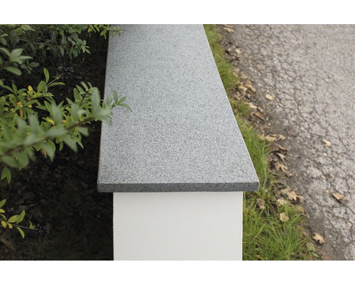 Detailansicht einer Mauerabdeckung aus Granit auf einer Gartenmauer