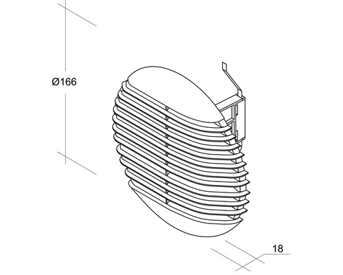Dessin technique d''un boîtier mural avec des dimensions de 166 millimètres de diamètre et 18 millimètres de profondeur