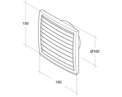 Grille de protection contre les intempéries carrée, dimensions 150 x 150 mm et diamètre 100 mm.