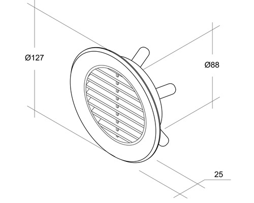 Dessin technique d''une soupape à disque ronde avec des dimensions de 127 mm de diamètre, 88 mm de diamètre et 25 mm de longueur