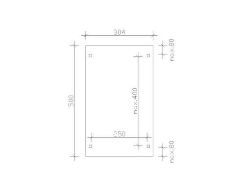 Technische Zeichnung einer Platte mit Maßangaben 500, 304, 250, maximal 400 und maximal 80.